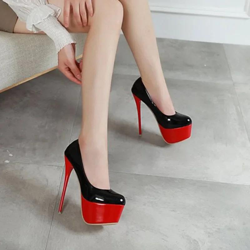 Fashion Women Sexy Thin High Heels 16cm Pumps Black Patent Leather Fashion Heels for Women Platform Wedding Nightclub Party Dress Shoes
