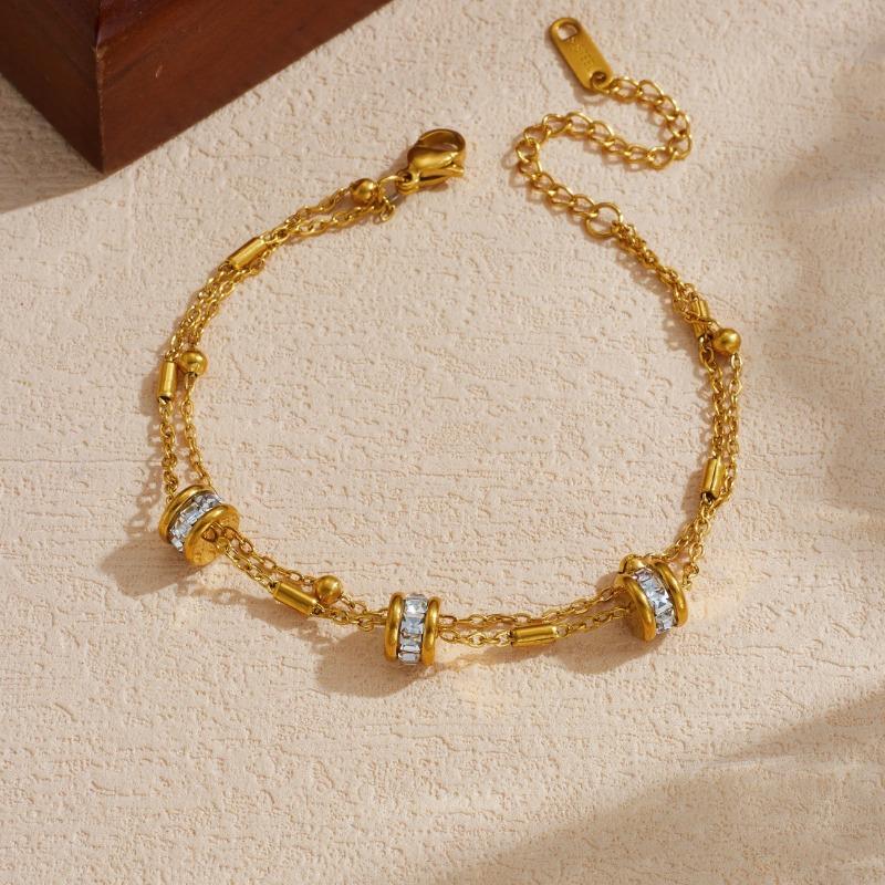 Gold Stainless Steel Cz Pave Cylinder Charm Double Chain Bracelet