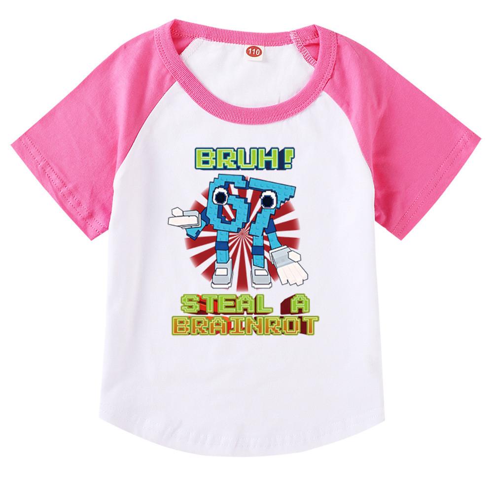 9192 Kids Girls Steal a Brainrot 67 Six Seven Print Raglan Short Sleeves Cotton T-Shirt