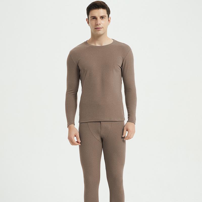 Solid Color Double-Sided Brushed Warm Base Layer Set for Women & Men - Round Neck Top & Pants for Autumn