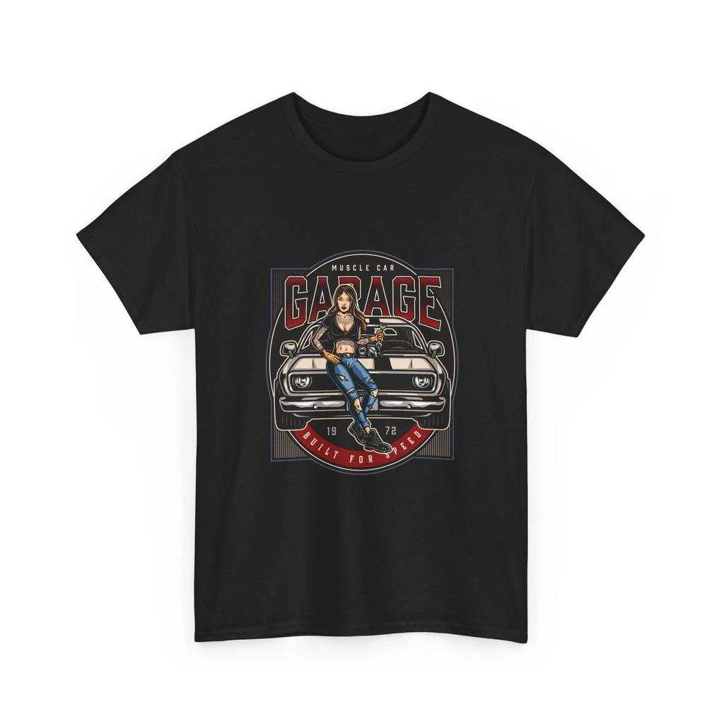 Garage Muscle Car Pinup Tee | Vintage Car Shirt, Mechanic Racing Graphic, Cotton