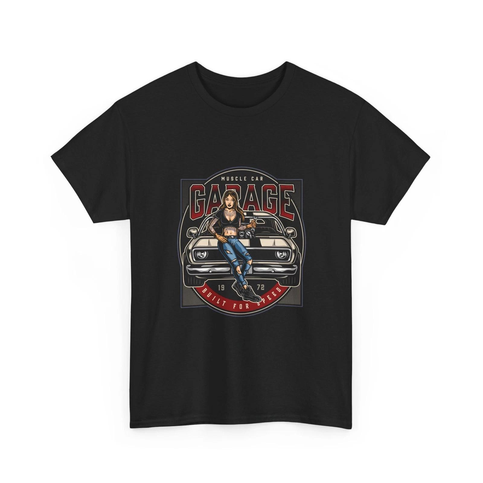 Garage Muscle Car Pinup Tee | Vintage Car Shirt, Mechanic Racing Graphic, Cotton 4XL