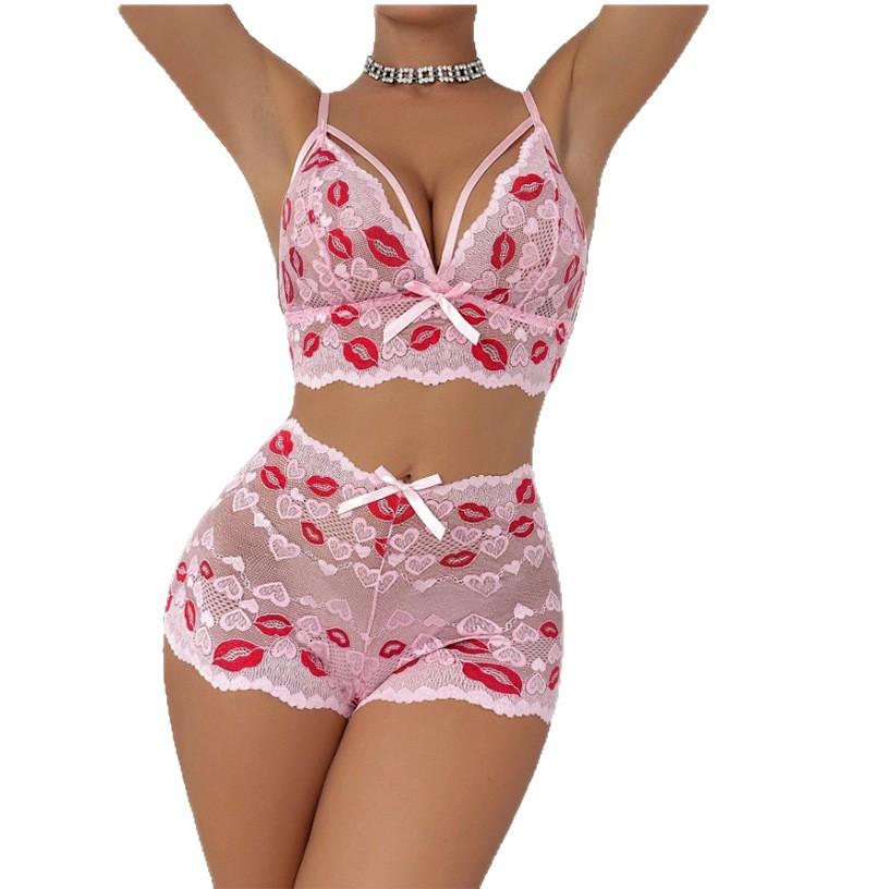 Mesh perspective sultry red lips love printing lace sexy erotic underwear seduction bra erotic set spot