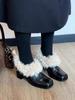 Cowhide version~ Square head fluffy shoes with fleece to keep warm retro Mary Jane small leather shoes thick heel single shoes temperament high heels