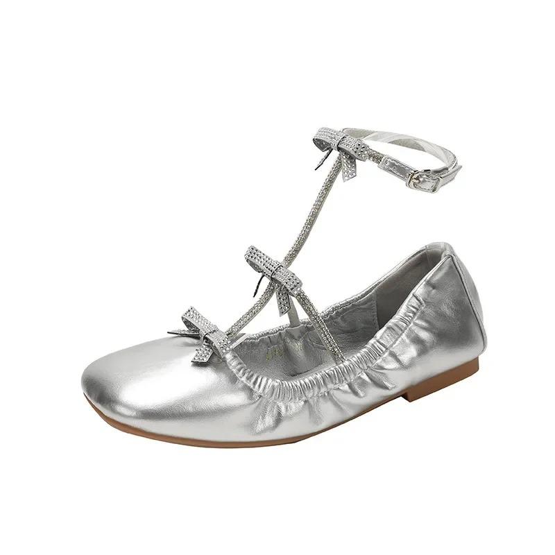Mode Französisch Vintage Schwerlast Strass Schmetterlingsknoten Slipper Ballerinas mit flachem Boden Damen Mary Jane Schuhe
