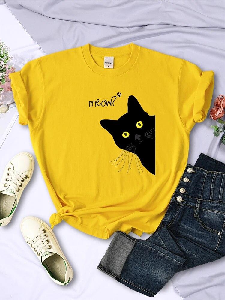 

Женские футболки с принтом Meow Black Cat, уличные топы в стиле хип-хоп