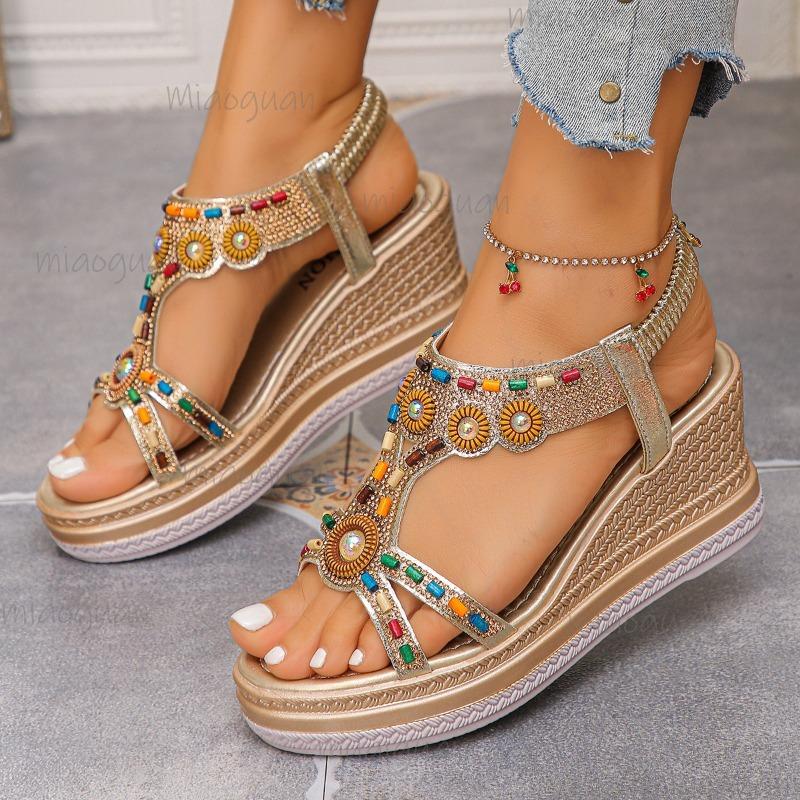 Casual Summer 2025 Open-Toe Beach Sandals with Beads Bohemian Platforms Sandals for Women's Footwear Sandalias De Mujer
