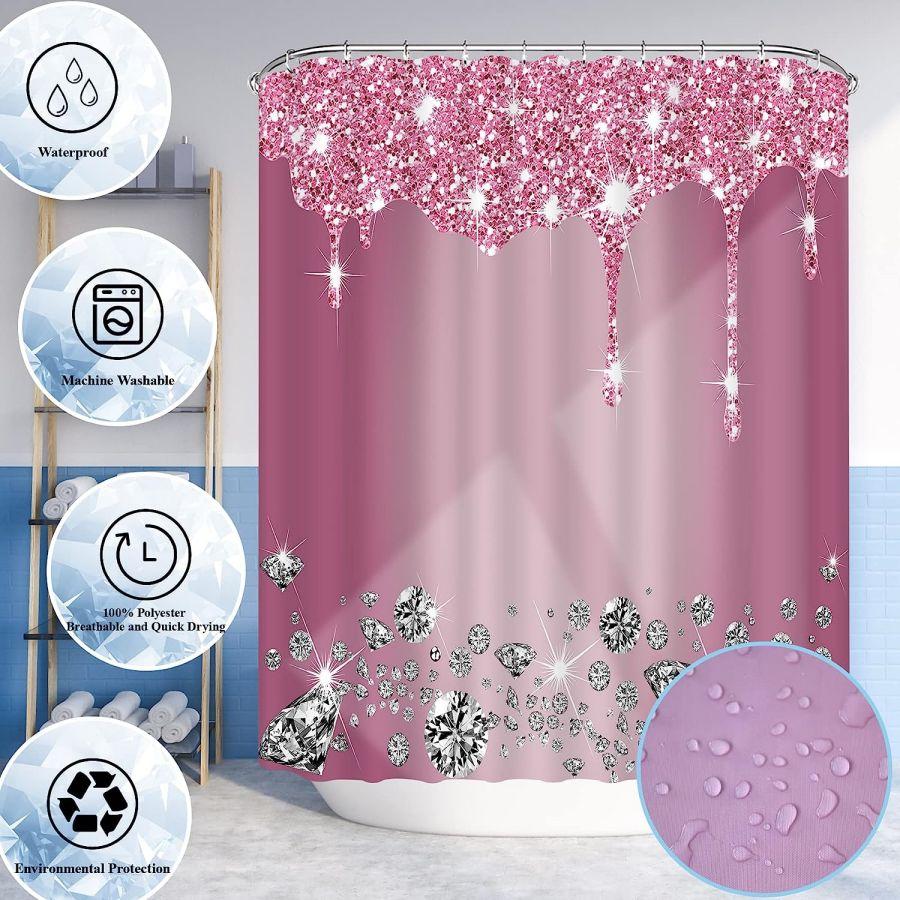 4Pcs Sparkling Diamond Shower Curtain Set, Shiny Bathroom Trim, Carpet And Toilet Seat,Burgundy Luxury Textured Colorful