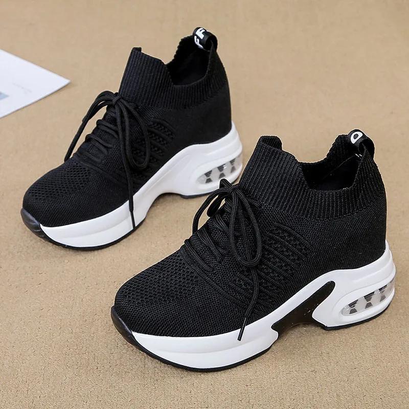 

мода новинка весна лето вязание мода кроссовки женские скрытые каблуки повседневная обувь женские дышащие кроссовки на платформе танкетка белые туфли 34 чёрный
