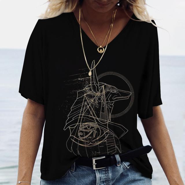2023 Women's V-neck T-shirt Street Ancient Egyptian Ethnic Costume Print Women's Top Short Sleeve Casual Fashion Women Clothing