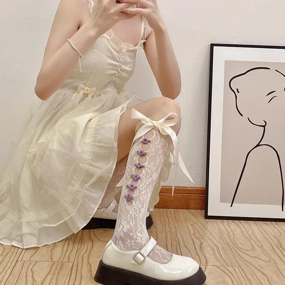 Women Sexy Lace Mesh White Black Fishnet Knee High Long Socks Lingerie Cute Gothic Style Ruffles Hollow Bow JK Lolita Stockings