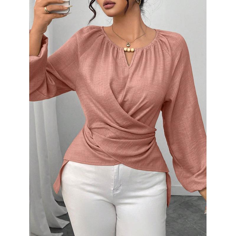 Women Elegant Cross Tie Long Sleeve Blouse Commuter Style Autumn Top S розовый