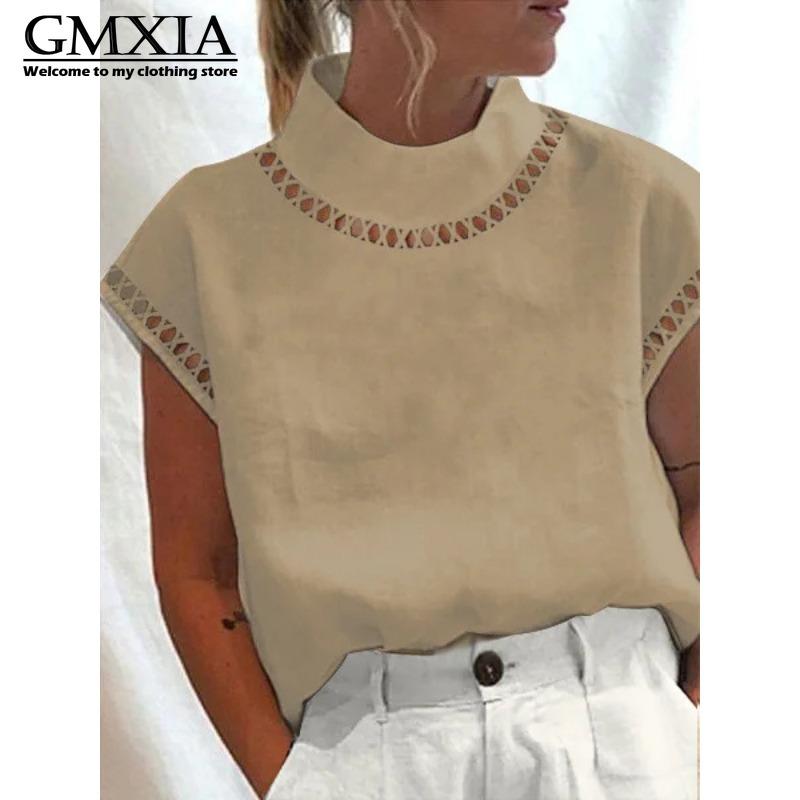 

GMXIA Женская мода Повседневный досуг Однотонный принт Блузки и рубашки с коротким рукавом XXL хаки