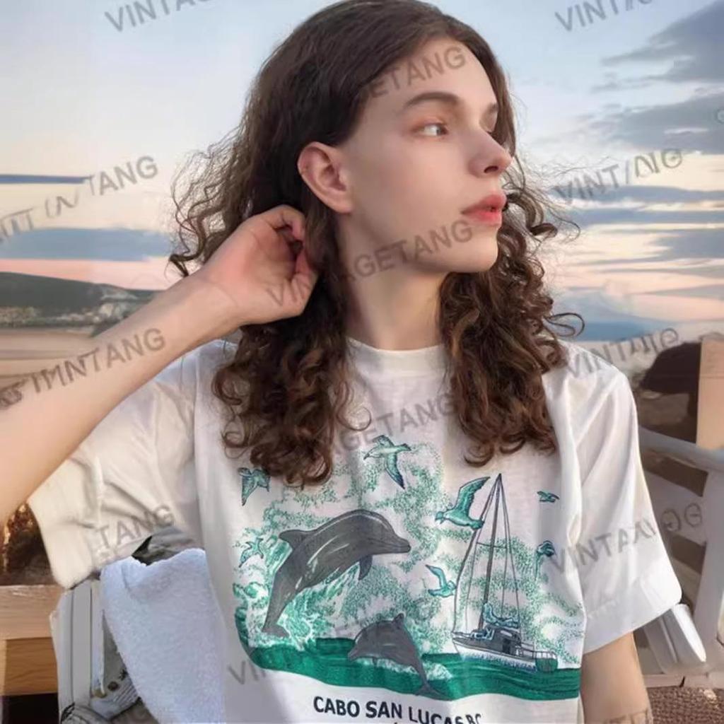 American Retro Dolphin Print Oversized Cotton T-shirt - Women's Trendy Straight Shoulder Short Sleeve