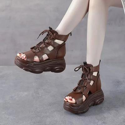 2025 New Fashion Platform Sandals Women Cross Genuine Leather Wedges Platform Heel Gladiator Sandals Women Summer Roman Shoes