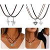 2pcs Heart Cross Cat Pendant Necklace Couple Black Rope Choker Necklace Jewelry