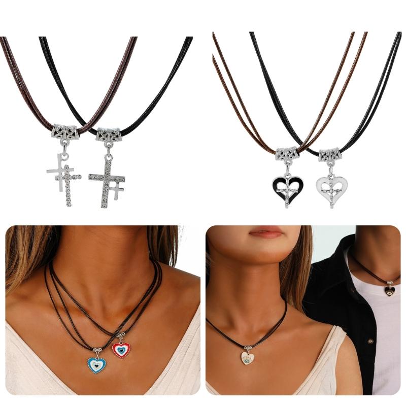 2pcs Heart Cross Cat Pendant Necklace Couple Black Rope Choker Necklace Jewelry