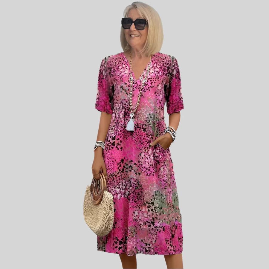 Abito Estivo Nuovo Retrò Floreale Scollo a V Casual da Vacanza con Tasche per Donna