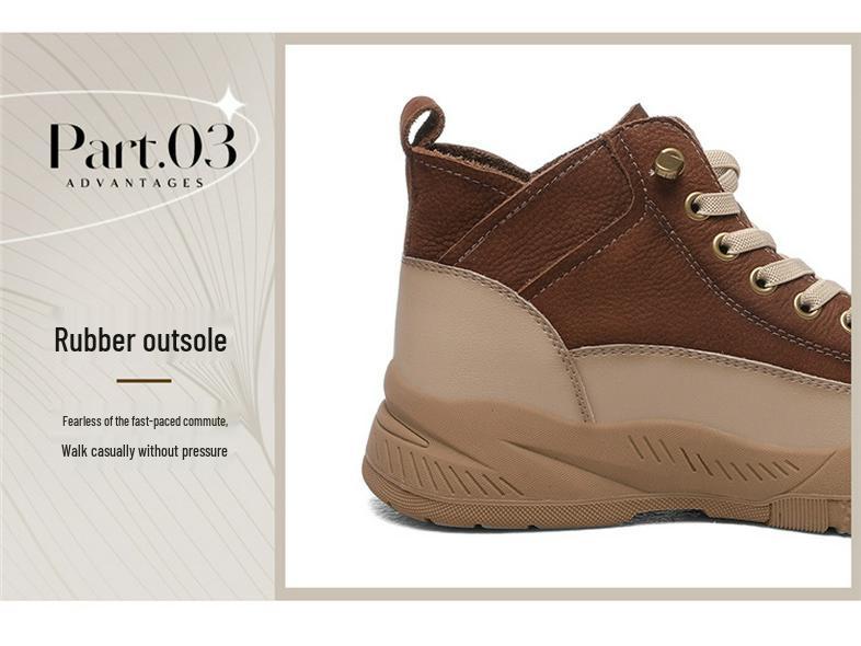 Golden Rabbit Genuine Leather High-Top Thick-Soled Women's Sneakers - 2025 Autumn/Winter Round-Toe Lace-Up Sports Casual Shoes.