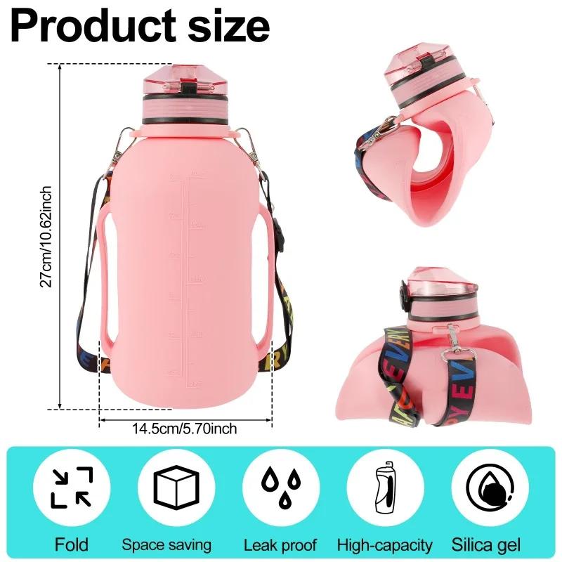 Collapsible Water Bottle 2L/64oz Sport Water Bottle Camping Hiking Leakproof Sports Kettle with Strap Silicone Folding Water Cup