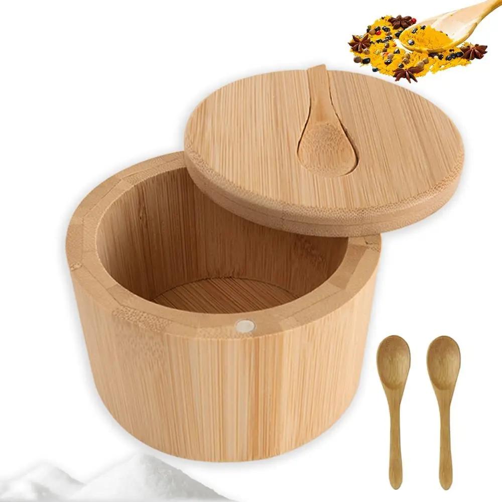 Scatola per Condimenti in Bambù Barattoli per Sale e Spezie Barattolo per Pepe Rotante Magnetico con Coperchio Porta Zucchero Coperchio Funzione Multi Ciotole