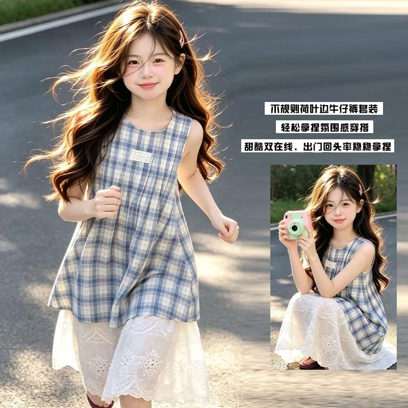 Girls' sleeveless patchwork plaid dress summer 2026 new children's summer dress, stylish and super beautiful girls' dress
