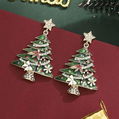 Yousheng 1 Pair Christmas Earrings Deer Snowflake Xmas Tree Design Hook Earrings Sparkling Rhinestones Party Earrings