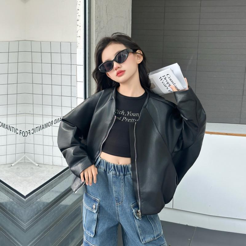 

Черная кожаная куртка на молнии для девочек - Мода Весна/Осень 2025, Круглый вырез, Стильная верхняя одежда для детей постарше 150 cm чёрный