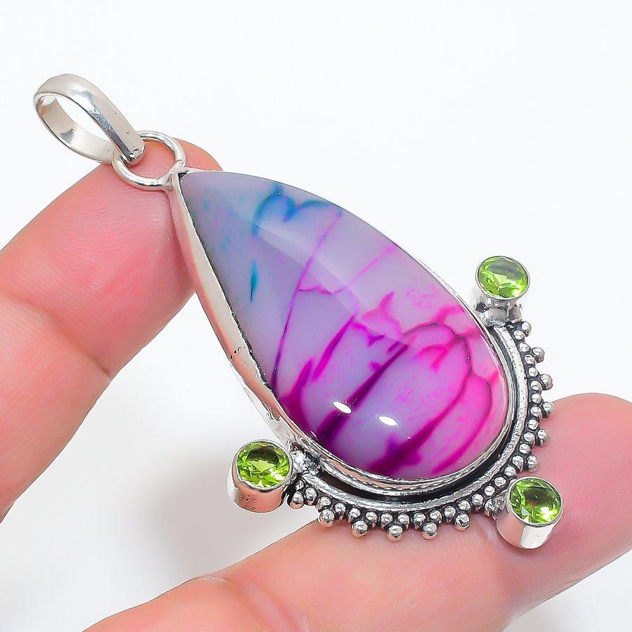 

Natural Pink Lace Agate, Peridot 925 Sterling Silver Jewelry Pendant 2.76 r7h78