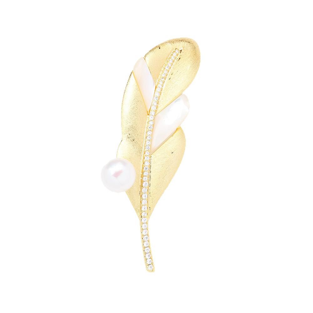 New High-end Gold and Silver Two-color Brushed Craft Feather Brooch Temperament Natural Fritillary Pearl Pin Anti-light