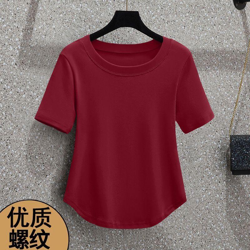 Round Neck Women's Threaded Fashion Straight Shoulders Simple Solid Slim Body Clothes Irregular Short Sleeves