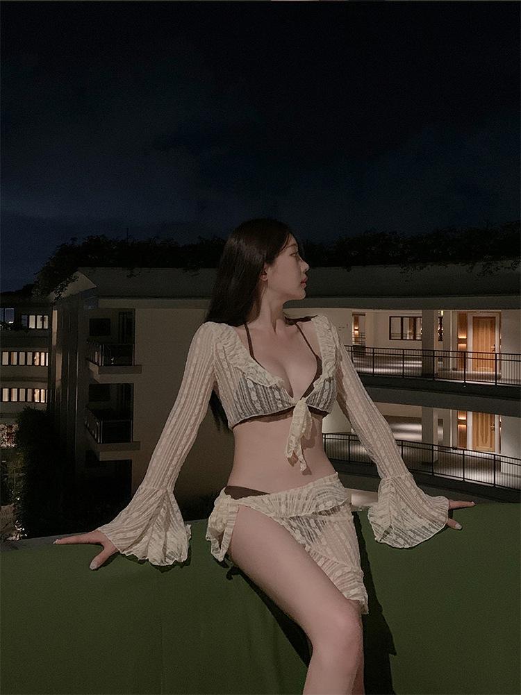 Women's 2025 Four-Piece Lace Long Sleeve Bikini Set for Beach & Hot Springs