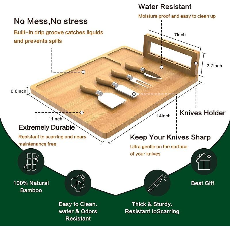 WOOD Bamboo Charcuterie Boards-4 Knives-Unique Charcuterie Board & Serving Tray-House Warming Gifts New Home Gifts
