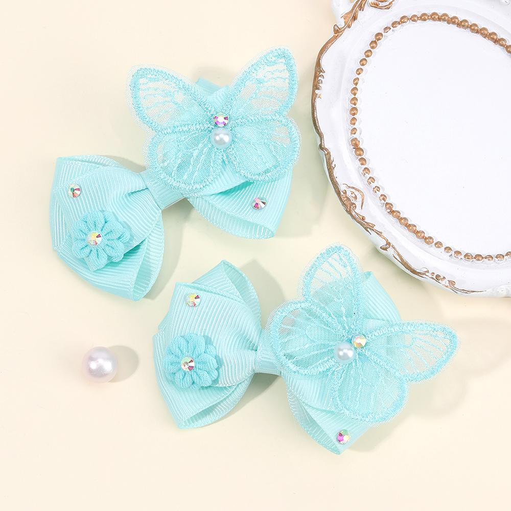 2Pcs Butterfly Hair Clips Baby Solid Ribbon Bows Barrette Sweet Diamond Flower Hairpin Children School Headwear Girls Accesories