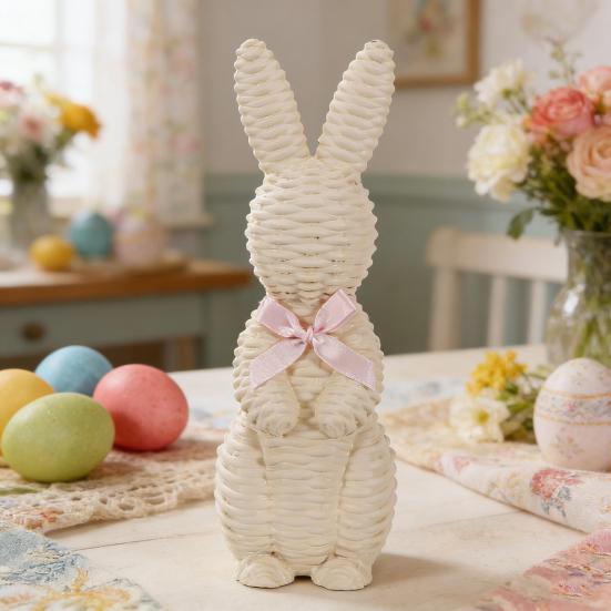 Rattan Effect Resin Easter Bunny Figurine Wicker Rabbit Statue with Bow for Spring Table Centerpiece Indoor Outdoor Patio Yard Farmhouse Home Decor