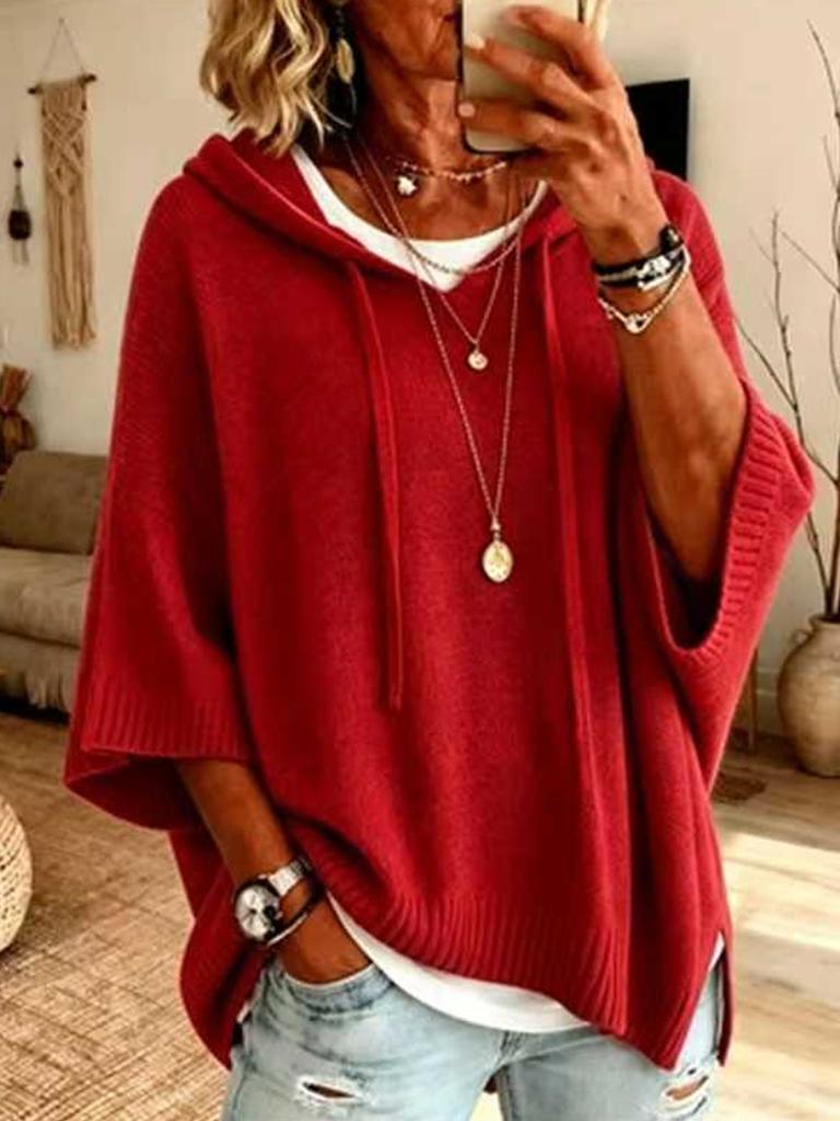 2026 women's clothing European and American new autumn and winter suit solid color loose hooded knitted sweater top