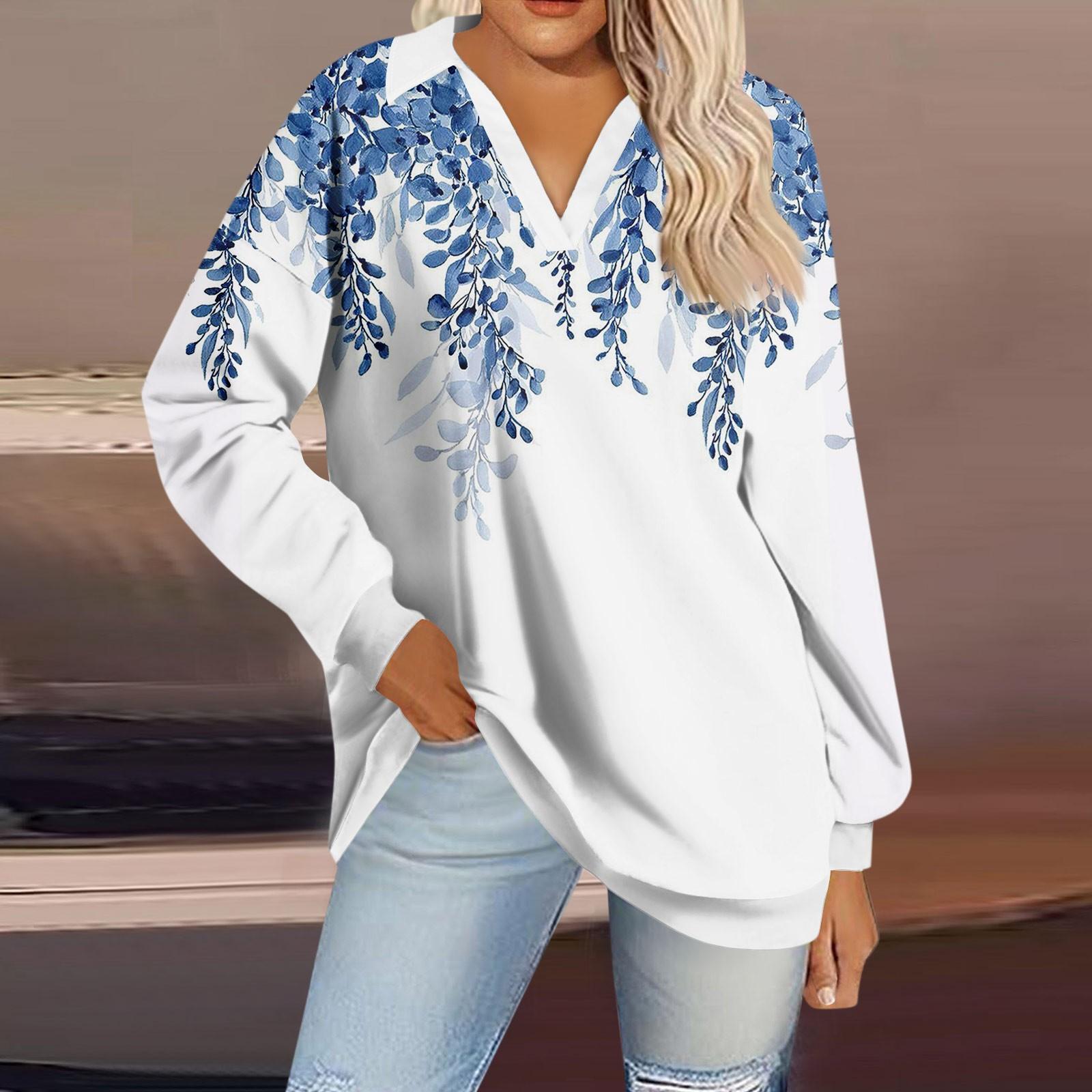 

Женская мода полосатый принт V-образный вырез длинный рукав свободный пуловер свитшот топ XL синий