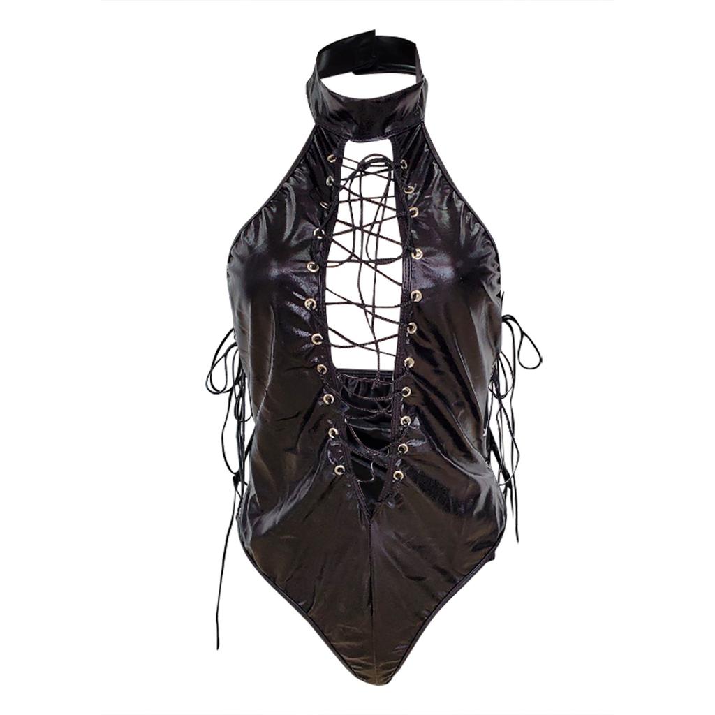 Damer Sexy Interessant Skinny Hollow Rope Lær Bodysuit Set