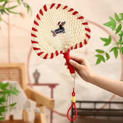 Portable Handmade Straw Woven Fan Cartoon Animal Pattern Hand-Cranked Fan Embroidered Patches Hanging Handheld Fan Photography