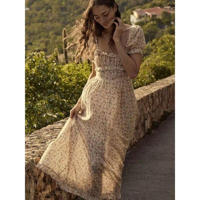 Fresh French Pastoral Oil Painting Sense Square Collar Dress