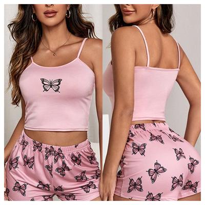 İki Parça Set Askılı Üst Şort Ev Giyim Kadın Pijama Yumuşak Baskılı Kelebek Tatlı Rüzgar Askılı Uyku Giyim Dış Giyim Seksi