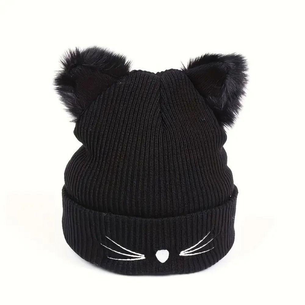 3D Fluffy Knit Beanie Hat Embroidery Winter Hat Cute Skull Cap  For Women