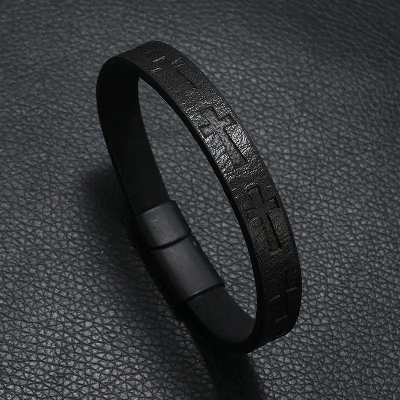 

European and American Retro Style Fashion Leather Bracelet for Men with Printed Cross and Magnetic Clasp, Simple Bracelet, Niche Design Black