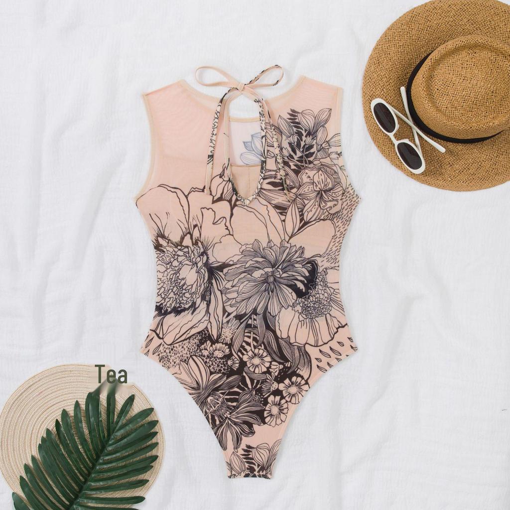 Dámské vícebarevné síťované jednodílné plavky s dlouhým rukávem a ochranou proti slunci