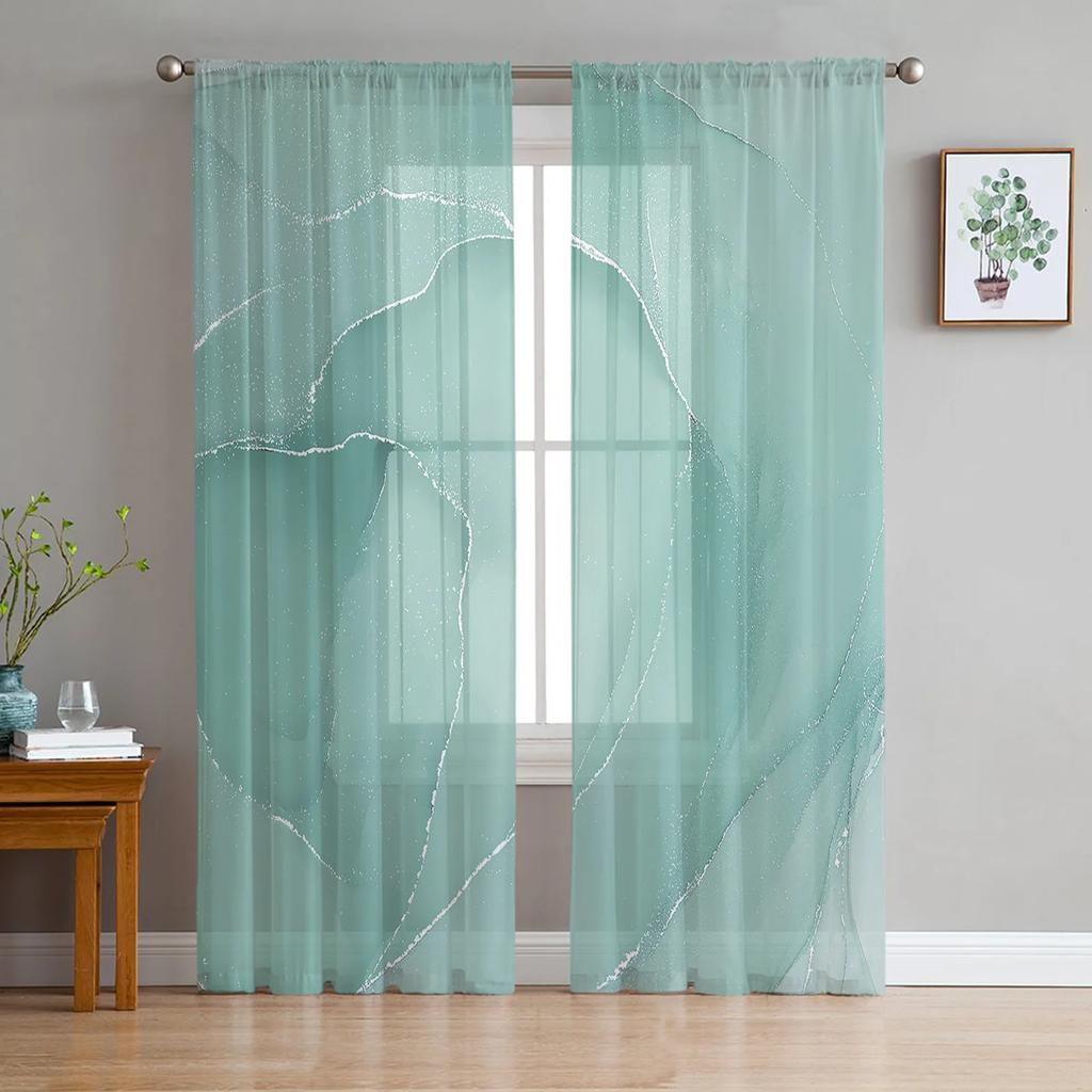 Grass Green Marble Translucent Drapes for Bedroom Space Living Room Decoration Window Opening Drape for Kitchen Area Tulle Voile Organza Curtains