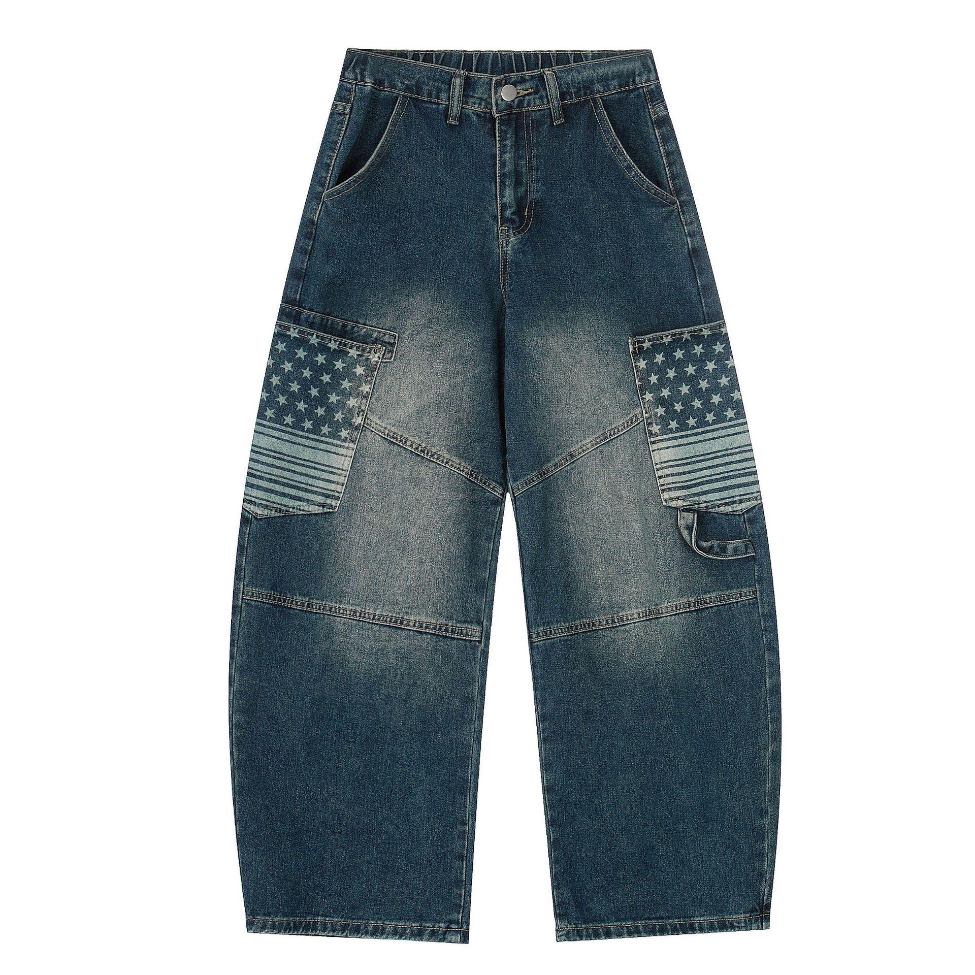 Trendy brand American retro loose jeans Star-Spangled Banner personalized fashionable tooling scimitar pants S синий