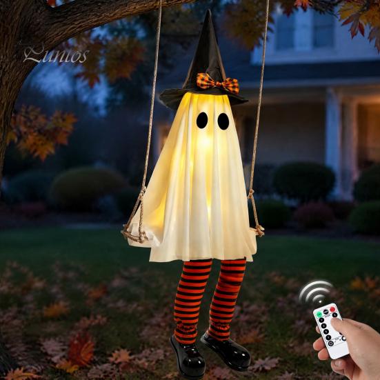 Ijesztő Tornácra Akasztható Díszek Halloween Lengő Szellem Dekoráció, Világító Nagy Lengő Fesztivál Hangulatú Kellékek Boszorkánykalap és Csíkos Lábak ehhez