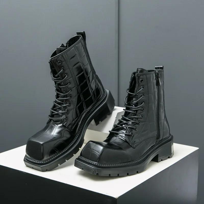 2024 Autumn New Men's Shoes High Top Casual Fashion Trend Brand Increase Big Head Leather Boots Large Size 38-45