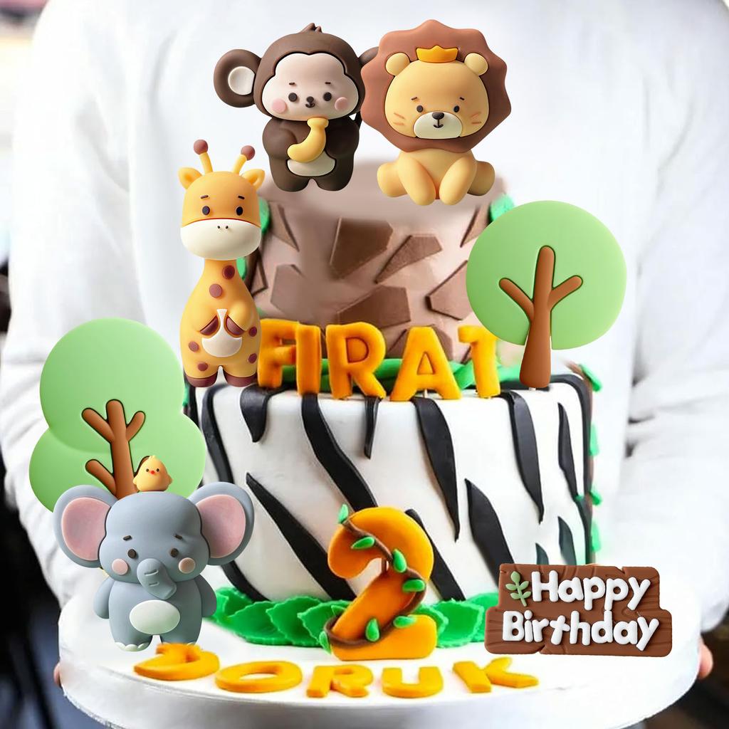 Roztomilá dekorace na dort s džunglovými zvířátky Wild One Dekorace na dort Safari zvířátka Dekorace na dort Žirafa Slon Lev Opice