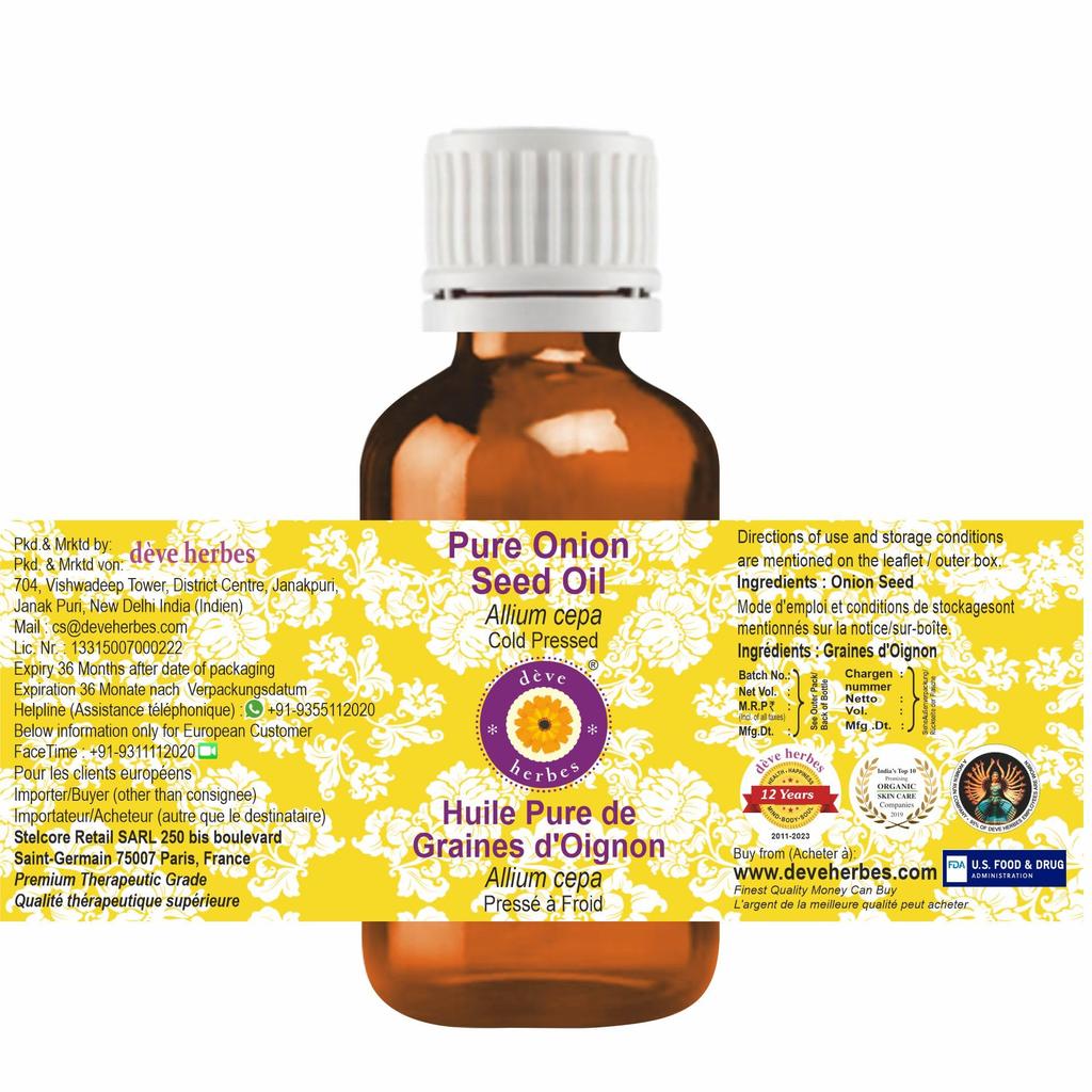 Deve Herbes Pure Onion Seed Oil (Allium cepa) | Cold Pressed | Natural | Undiluted | For Diluting Essential Oils | For Hair, Skin & Massage | Men